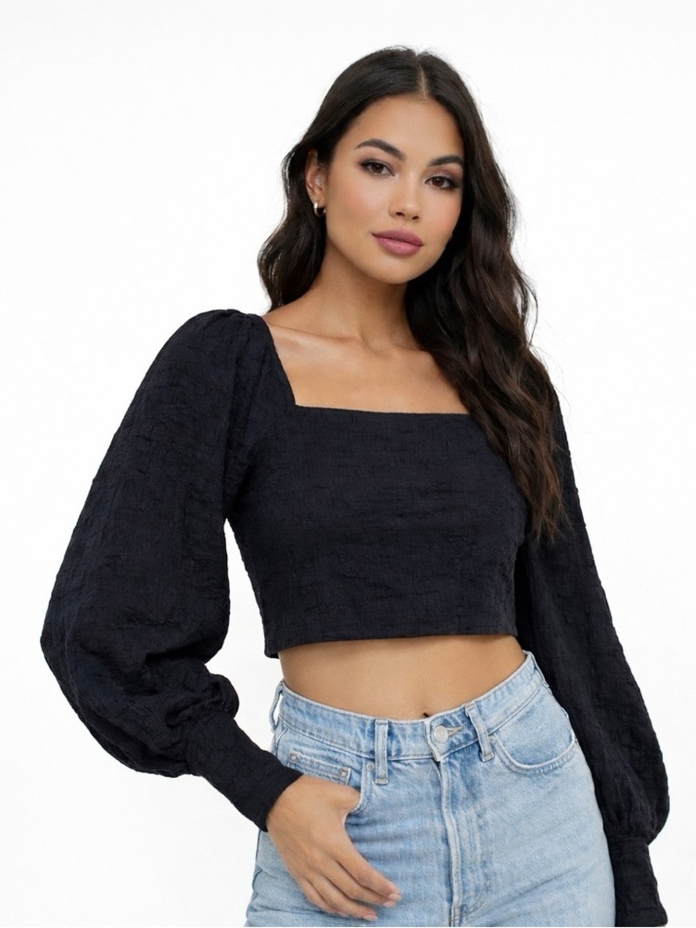 Free People Black Square-Neck Puff-Sleeve Crop Top